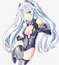Rule 34 | 10s, 1girl, ;), alternate costume, aqua eyes, armpits, bare shoulders, black gloves, black heart (neptunia), blush, boots, breasts, cleavage, cleavage cutout, clenched hand, clothing cutout, colored eyelashes, elbow gloves, female focus, gloves, green eyes, grey thighhighs, halterneck, head tilt, headgear, heart, izana, kami jigen game neptune v, leg lift, leotard, long hair, looking at viewer, magical girl, minagi, neptune (series), noire (neptunia), one eye closed, outline, smile, solo, symbol-shaped pupils, thigh boots, thighhighs, turtleneck, twintails, uranaishi (miraura), very long hair, white hair, wink