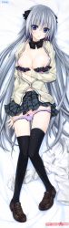Rule 34 | 1girl, absurdres, akabei soft 2, bed sheet, black bow, black bowtie, black thighhighs, blue eyes, blush, bow, bow panties, bowtie, bra, bra pull, breasts, clothes lift, clothes pull, dakimakura (medium), electrichka sapsan, full body, head tilt, hibiki works, highres, huge filesize, knees together feet apart, loafers, long hair, long image, long sleeves, lying, nipples, on back, open clothes, open shirt, oryo (oryo04), panties, panty pull, pink bra, pink panties, pretty x cation, school uniform, shirt, shoes, silver hair, skirt, skirt lift, solo, striped bra, striped clothes, tall image, thighhighs, underwear