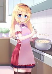 Rule 34 | 1girl, apron, azur lane, blonde hair, blue eyes, blush, breasts, commentary request, commission, conet510, cooking, garter straps, gloves, hairband, high-waist skirt, highres, kitchen, leander (azur lane), long hair, looking at viewer, plaid trim, pleated skirt, pot, puffy short sleeves, puffy sleeves, retrofit (azur lane), shirt, short sleeves, skeb commission, skirt, smile, solo, stove, thighhighs, twitter username, white shirt