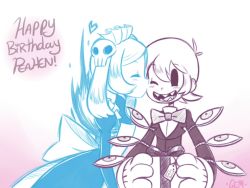 Rule 34 | 1boy, 1girl, apron, artist name, bloody marie (skullgirls), bow, bowtie, character name, closed eyes, english text, formal, gender request, genderswap, gias-ex-machella, gift, gloves, grin, hair ornament, happy birthday, hat, long hair, maid, maid apron, maid headdress, mechanical arms, monochrome, peacock (skullgirls), ribbon, short hair, simple background, skull, skull hair ornament, skullgirls, smile, spot color, suit, teeth, top hat, white background