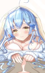 Rule 34 | 1girl, absurdres, ahoge, blue hair, blush, bra, braid, breast press, breasts, cleavage, closed mouth, collarbone, commentary, hair ornament, hairclip, heart, heart ahoge, highres, hololive, large breasts, light blue hair, long hair, looking at viewer, lying on person, mitty7, multicolored hair, off-shoulder sweater, off shoulder, pink bra, pointy ears, pov, simple background, sleeves past wrists, smile, solo, strap slip, streaked hair, sweater, two-tone hair, under covers, underwear, virtual youtuber, white background, white hair, white sweater, yellow eyes, yukihana lamy