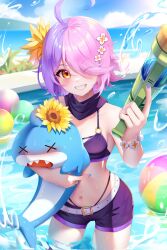 1girl ahoge animal animal_hug ball bare_shoulders beachball belt belt_buckle benghuai_xueyuan bikini bikini_under_clothes blue_sky breasts buckle cloud cloudy_sky commentary_request day eyes_visible_through_hair flower grin hair_flower hair_ornament highres holding honkai_(series) looking_at_viewer multicolored_hair nail_polish o-ring o-ring_bikini o-ring_top ocean one_eye_closed outdoors pink_hair pool purple_bikini purple_hair purple_nails purple_shorts sharp_teeth short_shorts shorts sin_mal sin_mal0909 sky small_breasts smile solo swimsuit teeth two-tone_hair wading water water_gun white_belt yellow_flower