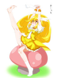 Rule 34 | 10s, 1girl, arms up, barefoot, blonde hair, blush, body blush, bow, brooch, choker, cure peace, dress, feet, hair flaps, hair ornament, jewelry, kise yayoi, leg up, legs, long hair, looking up, magical girl, mikagami sou, mushroom, no shoes, open mouth, ponytail, precure, puffy sleeves, short sleeves, sitting, skirt, smile, smile precure!, socks, soles, solo, tiara, toes, translated, undressing, white socks, wrist cuffs, yellow bow, yellow dress, yellow eyes, yellow skirt, yellow theme