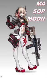 Rule 34 | 1girl, alternate costume, artist name, assault rifle, black bodysuit, bodysuit, character charm, character name, charm (object), clothes writing, clothing cutout, commentary, commission, english commentary, full body, girls&#039; frontline, gradient background, grey background, gun, headgear, highres, holding, holding gun, holding weapon, kuroinu9, light brown hair, looking at viewer, m4 carbine, m4 sopmod ii (girls&#039; frontline), m4 sopmod ii jr, magazine (weapon), multicolored hair, open mouth, red eyes, red hair, rifle, scope, second-party source, short hair with long locks, smile, solo, stomach cutout, streaked hair, suppressor, teeth, two-tone bodysuit, upper teeth only, weapon, weapon name, white background, white bodysuit
