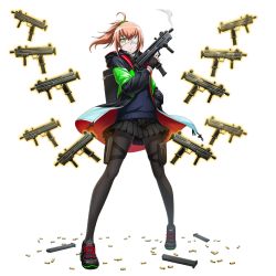 Rule 34 | 1girl, black legwear, bullet casing, cz2128 delta, eyepatch, fingerless gloves, gloves, green eyes, gun, looking at viewer, official art, overlord (maruyama), solo, tagme, transparent background, weapon
