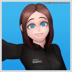 Rule 34 | 1girl, absurdres, artist name, black shirt, blue eyes, brown hair, ear piercing, freckles, highres, looking at viewer, mole, mole under eye, outstretched arm, piercing, samsung, samsung sam, shirt, simple background, taking picture
