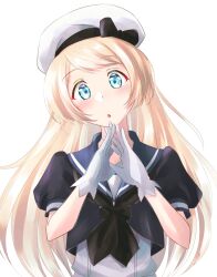 Rule 34 | 1girl, black jacket, black neckerchief, blonde hair, blue eyes, blue sailor collar, chestnut mouth, dress, gloves, hat, highres, jacket, jervis (kancolle), kantai collection, long hair, neckerchief, sailor collar, sailor dress, sailor hat, short sleeves, simple background, solo, steepled fingers, tsukasa (tukasa br), upper body, white background, white dress, white gloves, white hat