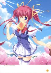 Rule 34 | 1girl, ;), ;d, absurdres, asakura nanao, blue eyes, blush, bread slice, cherry blossoms, cloud, cowboy shot, day, food, food in mouth, hair ribbon, highres, light rays, looking at viewer, lyrical lyric, mikeou, mouth hold, one eye closed, open mouth, outdoors, pink hair, plant, ribbon, school uniform, skirt, sky, smile, standing, sunlight, tareme, thighhighs, toast, toast in mouth, tree, twintails, white thighhighs, wink, zettai ryouiki