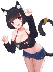 Rule 34 | 1girl, absurdres, animal ear fluff, animal ears, azur lane, bare shoulders, bell, black sleeves, blue shorts, blunt bangs, bra, breasts, cat ears, cat girl, cat tail, cleavage, cowboy shot, curled fingers, fang, gumifans, highres, jingle bell, large breasts, leaning forward, long sleeves, looking at viewer, navel, off-shoulder shirt, off shoulder, open mouth, paw pose, red bra, red eyes, shadow, shirt, short shorts, shorts, simple background, skin fang, solo, tail, thick eyebrows, torn clothes, torn legwear, underwear, uneven eyes, white background, yamashiro (azur lane), yamashiro (vacation offensive!) (azur lane)