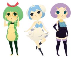 Rule 34 | 3girls, :&gt;, bare shoulders, blue hair, caterpie, commentary, creatures (company), dress, game freak, gen 1 pokemon, gen 3 pokemon, gen 5 pokemon, glasses, green hair, hand on own hip, illumise, lowres, multiple girls, nintendo, pantyhose, parted lips, personification, pokemon, purple hair, rina (rinatan), short hair, simple background, smile, standing, swanna, thighhighs, tiara, watermark, web address, white background
