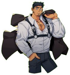 Rule 34 | 1boy, absurdres, bags under eyes, bara, chest belt, cigarette, cropped legs, dark-skinned male, dark skin, facial hair, highres, jacket, jacket over shoulder, unworn jacket, jitome, large pectorals, looking to the side, male focus, mature male, muscular, muscular male, navel, original, pectoral cleavage, pectorals, raised eyebrow, short hair, sideburns stubble, smoking, solo, sparse chest hair, sparse stubble, stomach, stubble, thick eyebrows, ttn (239 239), veins, veiny arms