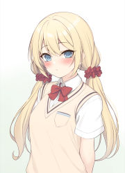Rule 34 | 1girl, absurdres, blonde hair, blue eyes, blush, bow, bowtie, closed mouth, commentary request, hair ornament, hair scrunchie, hanpenmaru, highres, long hair, looking at viewer, low twintails, original, red bow, red bowtie, red scrunchie, scrunchie, shirt, short sleeves, solo, sweater vest, twintails, white shirt