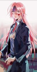 Rule 34 | 1girl, black jacket, black skirt, blood, blood on clothes, blood on face, blood on hands, closed mouth, eun chaerin, grey sweater, highres, jacket, long hair, looking at viewer, pink eyes, pink hair, red pupils, school uniform, shirt, skirt, sky, solo, surviving romance, sweater, very long hair, white shirt