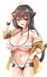 Rule 34 | 1girl, ahoge, animal ears, bikini, blush, breasts, cat ears, cleavage, collarbone, cross, cross necklace, fang, frilled bikini, frills, glasses, highleg, highleg bikini, highres, jacket, jewelry, large breasts, long hair, looking at viewer, mismatched bikini, nail polish, navel, necklace, off shoulder, open clothes, open jacket, open mouth, original, red-framed eyewear, red eyes, scrunchie, short shorts, shorts, simple background, smile, solo, swimsuit, unname, white background, white bikini, wrist scrunchie, yellow jacket