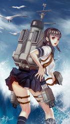 Rule 34 | 10s, 1girl, 2015, bent over, bird, brown eyes, from behind, fubuki (kancolle), grey hair, highres, kantai collection, long hair, looking at viewer, looking back, low ponytail, machinery, open mouth, panties, pantyshot, pleated skirt, realistic, school uniform, seagull, serafuku, signature, skirt, solo, standing, turret, underwear, wuduo