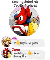 Rule 34 | 1boy, 1girl, alia (mega man), android, black eyes, blonde hair, chat log, commentary, comments, emoji, english commentary, english text, helmet, highres, long hair, mega man (series), mega man x6, mega man x (series), opendoorlorien, smile, social media, text messaging, thumbs up, zero (mega man)