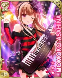 Rule 34 | 1girl, asahina momoko, badge, black skirt, black thighhighs, bow, brown hair, button badge, card (medium), concert, day, garter belt, girlfriend (kari), hair bow, hair ribbon, indoors, instrument, keytar, official art, one eye closed, one side up, qp:flapper, red eyes, red shirt, ribbon, shirt, side ponytail, skirt, smile, solo, striped clothes, striped shirt, thighhighs, tongue, tongue out, white background, wink
