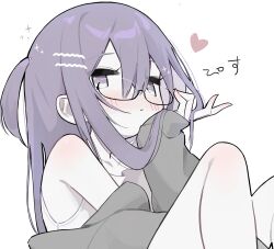 Rule 34 | 1girl, absurdres, bare shoulders, cardigan, colored skin, glasses, grey cardigan, hair between eyes, hair ornament, hairclip, hand on own chin, heart, highres, knees up, myomuron, one side up, open cardigan, open clothes, original, purple eyes, purple hair, semi-rimless eyewear, sidelocks, sitting, sleeves past wrists, solo, sparkle, tank top, upper body, white skin, white tank top