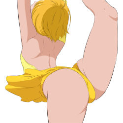 Rule 34 | 1girl, ahoge, arms up, ass, back, backless outfit, blonde hair, dress, figure skating dress, from behind, fuchi (nightmare), hugtto! precure, kagayaki homare, leg up, precure, short hair, shoulder blades, simple background, solo, standing, standing on one leg, white background, yellow dress