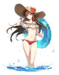 Rule 34 | 1girl, bai winchester, bikini, blue ribbon, brown hair, closers, collarbone, floating hair, flower, groin, hair between eyes, hand on headwear, hat, hat flower, hat ribbon, heterochromia, hibiscus, highres, holding, innertube, long hair, looking at viewer, navel, official art, pink eyes, purple eyes, red bikini, red flower, ribbon, side-tie bikini bottom, simple background, solo, standing, stomach, straw hat, string bikini, sun hat, sunflower, swim ring, swimsuit, thighs, very long hair, wading, white background
