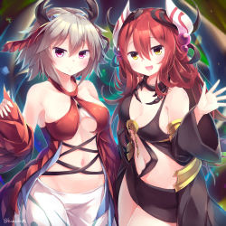 Rule 34 | 2girls, :d, absurdres, armlet, bare shoulders, black dress, black skirt, black sleeves, blush, breasts, cleavage, closed mouth, collarbone, commentary, cowboy shot, detached sleeves, dress, duel monster, groin, hair between eyes, hair ornament, hand up, highres, horns, kanzakietc, long hair, looking at viewer, medium breasts, midriff, miniskirt, multiple girls, navel, open clothes, open dress, open mouth, red eyes, red hair, red sleeves, short hair, shorts, sidelocks, silver hair, skirt, sleeveless, sleeveless dress, smile, standing, traptrix allomerus, traptrix myrmeleo, twitter username, very long hair, waistcoat, white shorts, yellow eyes, yu-gi-oh!