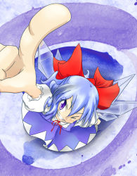 Rule 34 | 1girl, blue hair, bow, cirno, foreshortening, hair bow, ice, ice wings, matsu 84, one eye closed, pointing, purple eyes, ribbon, short hair, smile, solo, touhou, wings, wink