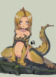 Rule 34 | 1girl, :p, absurdres, belly, blonde hair, costom10, female focus, great jagras, highres, monster girl, monster hunter (series), monster hunter: world, navel, outie navel, personification, smile, solo, tongue, tongue out