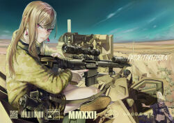Rule 34 | 2girls, absurdres, assault rifle, blonde hair, blue sky, camouflage, camouflage jacket, camouflage shorts, choker, commentary request, crop top, day, desert, earrings, gun, highres, holding, holding gun, holding weapon, jacket, jewelry, long hair, midriff, military, military truck, military vehicle, motor vehicle, multiple girls, navel, on vehicle, original, outdoors, pink eyes, purple eyes, rifle, scope, short hair, shorts, sitting, sky, stomach, tactical clothes, truck, utsuda, weapon, weapon case