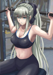 Rule 34 | 1girl, bare shoulders, black bow, black pants, black sports bra, blue eyes, bow, braid, breasts, cleavage, collarbone, exercising, fate/grand order, fate (series), french braid, grey hair, hair bow, highres, ksfactory, large breasts, long hair, looking at viewer, morgan le fay (fate), pants, ponytail, sidelocks, solo, sports bra, thighs, very long hair, weightlifting, yoga pants