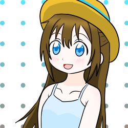 Rule 34 | 1girl, aqua dress, aqua eyes, artist name, artist request, bare shoulders, blue eyes, blush, bow, breasts, brown hair, brown hat, collarbone, dress, female focus, hair between eyes, hair bow, half updo, hat, high ponytail, long hair, looking at viewer, love live!, love live! nijigasaki high school idol club, lowres, osaka shizuku, parted lips, polka dot, polka dot background, ponytail, sleeveless, sleeveless dress, small breasts, smile, solo, sun hat, sundress, upper body, white background