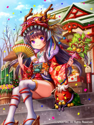 Rule 34 | 10s, 1girl, architecture, bare tree, blush, brown hair, closed mouth, cloud, company name, creature, day, east asian architecture, english text, floral print, folding fan, geta, gold trim, hair ornament, hairclip, hand fan, head tilt, holding, holding fan, japanese clothes, kimono, kimono skirt, light smile, long hair, long sleeves, looking at viewer, new year, nishizawa, obi, outdoors, purple eyes, sash, seisen cerberus, shrine, sitting, sky, stairs, thighhighs, tree, watermark, white thighhighs