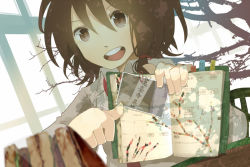 Rule 34 | 1girl, ^ ^, blurry, book, bookmark, branch, brown eyes, brown hair, closed eyes, depth of field, food, holding, holding book, necktie, open mouth, photo (object), sandwich, short hair, solo, teeth, tokoroten (hmmuk), touhou, tree, usami renko, window