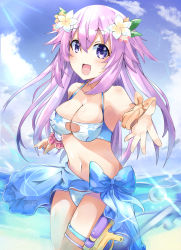 Rule 34 | 1girl, absurdres, adult neptune, bikini, bimmy, blue bikini, blush, breasts, cloud, cloudy sky, collarbone, commentary request, day, flower, hair between eyes, hair flower, hair ornament, highres, light rays, long hair, looking at viewer, medium breasts, navel, neptune (series), ocean, open mouth, outstretched arm, purple eyes, purple hair, sarong, scrunchie, shin jigen game neptune vii, sidelocks, sky, solo, swimsuit, thigh strap, water drop, water gun, wrist scrunchie