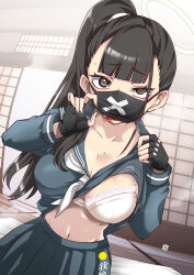 Rule 34 | 1girl, aoi manabu, black eyes, black gloves, black hair, black mask, black sailor collar, black skirt, blue archive, bra, breasts, collarbone, gloves, large breasts, long hair, long sleeves, looking at viewer, mask, mouth mask, navel, neckerchief, pleated skirt, ponytail, sailor collar, skirt, solo, sukeban (smg) (blue archive), surgical mask, tongue, tongue out, underwear, white bra, white neckerchief