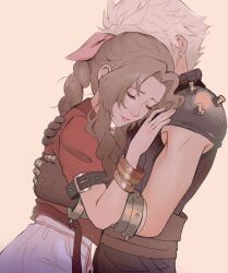 Rule 34 | 1boy, 1girl, aerith gainsborough, armor, bandaged arm, bandages, bangle, belt, blonde hair, bracelet, braid, braided ponytail, brown belt, brown gloves, brown hair, closed eyes, cloud strife, couple, cropped jacket, dress, earrings, final fantasy, final fantasy vii, final fantasy vii rebirth, final fantasy vii remake, gloves, hair ribbon, hand on another&#039;s back, hand on another&#039;s chest, hetero, highres, hug, jacket, jewelry, long hair, multiple belts, parted bangs, parted lips, pink dress, pink lips, pink ribbon, red jacket, ribbon, short sleeves, shoulder armor, sidelocks, single braid, single earring, softp3ach, spiked hair, toned, toned male, upper body, wavy hair