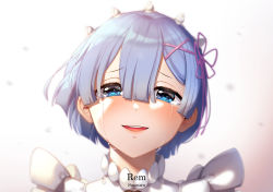 Rule 34 | 1girl, :d, artist name, blue eyes, blue hair, character name, commentary, english commentary, gradient background, hair between eyes, hair ornament, hair ribbon, happy tears, highres, looking at viewer, open mouth, pink ribbon, portrait, re:zero kara hajimeru isekai seikatsu, rem (re:zero), ribbon, sasoura, simple background, smile, solo, tears, white background, x hair ornament