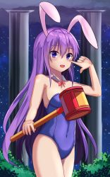 Rule 34 | 1girl, :d, animal ears, blue leotard, bow, bowtie, breasts, cleavage, collarbone, covered navel, detached collar, erina (rabi-ribi), fake animal ears, hair between eyes, hammer, highres, holding, holding hammer, index finger raised, leotard, long hair, looking at viewer, medium breasts, night, open mouth, outdoors, playboy bunny, purple eyes, purple hair, rabbit ears, rabi-ribi, red bow, red bowtie, sideboob, sky, smile, solo, standing, star (sky), starry sky, strapless, strapless leotard, touhourh, very long hair, wing collar