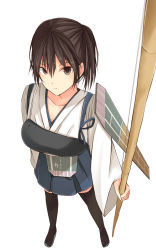 Rule 34 | 10s, 1girl, bad id, bad pixiv id, black eyes, black hair, black thighhighs, bow (weapon), collarbone, dutch angle, flight deck, from above, japanese clothes, kaga (kancolle), kanpyo (hghgkenfany), kantai collection, looking at viewer, muneate, short hair, side ponytail, simple background, solo, thighhighs, weapon, white background