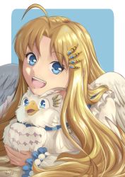 Rule 34 | 1girl, :d, absurdres, ahoge, angel wings, bird, blander mc, blonde hair, blue eyes, border, feathered wings, filo (tate no yuusha no nariagari), hair intakes, head rest, highres, holding, long hair, long sleeves, open mouth, outside border, smile, solo, tate no yuusha no nariagari, upper body, very long hair, white border, white wings, wings