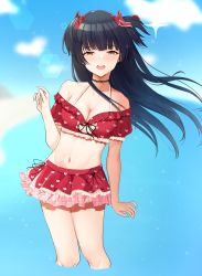 Rule 34 | 1girl, absurdres, amrita (amber78gou), bare shoulders, bikini, bikini skirt, black hair, blurry, blurry background, blush, bow, breasts, brown eyes, choker, cleavage, collarbone, commentary request, cropped legs, floating hair, frills, hair bow, half-closed eyes, halterneck, heart, heart print, highres, idolmaster, idolmaster shiny colors, long hair, looking at viewer, mayuzumi fuyuko, medium breasts, navel, open mouth, red bikini, red bow, solo, strap gap, swimsuit, thighs, two side up
