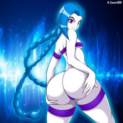 Rule 34 | 1girl, artist name, ass, ass grab, bandeau, bare shoulders, blue background, blue hair, bra, breasts, from behind, grabbing own ass, highres, huge ass, jinx (league of legends), league of legends, long hair, looking at viewer, looking back, naughty face, panties, purple panties, sideboob, small breasts, smile, solo, standing, thighhighs, thong, twintails, underwear, very long hair, white thighhighs, zonen404