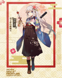 Rule 34 | 1girl, 9a-91, 9a-91 (girls&#039; frontline), 9a-91 (purifying arrow flowers and dreams) (girls&#039; frontline), arrow (projectile), assault rifle, blue eyes, blue kimono, boots, commentary request, english text, floral print, flower, full body, girls&#039; frontline, gun, hair flower, hair ornament, hakama, hakama skirt, highres, japanese clothes, kimono, long hair, new year, official alternate costume, official art, rifle, silver hair, skirt, solo, weapon