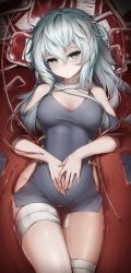 Rule 34 | 1girl, absurdres, bandaged leg, bandaged neck, bandages, bare shoulders, blood, blood bag, blue dress, breasts, cleavage, clothing cutout, commentary request, cowboy shot, dress, girls&#039; frontline, grey eyes, grey hair, hair between eyes, hand on own stomach, highres, intravenous drip, korean commentary, large breasts, long hair, looking at viewer, lying, messy hair, nine (kanine41), on back, pool of blood, ribeyrolles (girls&#039; frontline), short dress, shoulder cutout, side cutout, solo, thighs