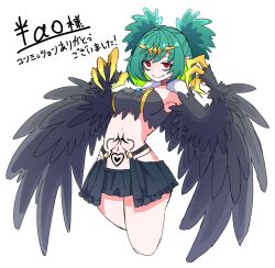 Rule 34 | 1girl, black feathers, black wings, blush, breasts, claws, colored inner hair, commentary request, commission, dr yamero, feathers, green hair, harpy, heart, heart tattoo, highres, indie virtual youtuber, lincoro, midriff, monster girl, multicolored hair, navel, open mouth, pointy ears, red eyes, short hair, short twintails, simple background, skeb commission, small breasts, smile, solo, stomach tattoo, tattoo, tiara, twintails, two-tone hair, virtual youtuber, white background, winged arms, wings