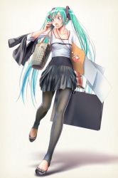 Rule 34 | 1girl, bag, black leggings, blush, briefcase, casual, full body, green hair, hair ornament, hatsune miku, holding, holding clothes, leggings, legs, long hair, md5 mismatch, multicolored eyes, no socks, open mouth, skirt, solo, twintails, very long hair, vocaloid, wokada