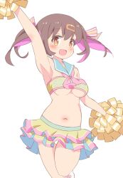 Rule 34 | 1girl, armpits, blush, breasts, brown hair, cheerleader, colored inner hair, commentary request, feet out of frame, frilled skirt, frills, hair ornament, hairclip, highres, looking at viewer, medium breasts, medium hair, microskirt, multicolored hair, onii-chan wa oshimai!, open mouth, oyama mihari, pom pom (cheerleading), pon sugar, purple hair, simple background, skirt, smile, solo, white background