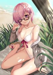 Rule 34 | 1girl, arm support, bare shoulders, beach, bikini, black-framed eyewear, blush, breasts, cleavage, collarbone, day, fate/grand order, fate (series), glasses, hair over one eye, harimoji, highres, jacket, large breasts, looking at viewer, mash kyrielight, mash kyrielight (swimsuit of perpetual summer), navel, ocean, off shoulder, official alternate costume, open clothes, open jacket, open mouth, outdoors, palm tree, purple eyes, purple hair, sand, sandals, short hair, sitting, smile, solo, swimsuit, tree, white bikini, yokozuwari