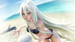 Rule 34 | 1girl, ball, bandeau, beach, beach volleyball, blue sky, bow, braid, day, dutch angle, gohpot, green eyes, highres, ia (vocaloid), image sample, log, long hair, ocean, outdoors, playing sports, realistic, sand, signature, sky, smile, solo, twin braids, vocaloid, volleyball, volleyball (object), watermark, web address, white hair