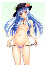Rule 34 | 1girl, bikini, bikini pull, blue hair, blush, bra in mouth, breasts, clothes in mouth, clothes pull, collarbone, come hither, food, fruit, furyouhin (bubumelon), groin, halftone, halftone background, hat, highres, hinanawi tenshi, long hair, micro bikini, navel, peach, pulled by self, small breasts, smile, solo, strap pull, swimsuit, touhou, very long hair, white bikini