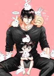 Rule 34 | 2boys, absurdres, affectionate, artist request, black hair, blush, child, chinese zodiac, father and son, fushiguro megumi, fushiguro touji, highres, jujutsu kaisen, male focus, mature male, multiple boys, muscular, muscular male, pectorals, pink background, rabbit, scar, scar on face, scar on mouth, short hair, sitting, spread legs, too many, too many rabbits, translation request, year of the rabbit